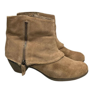 Suede Ankle Boots Womens Size 9 Tan Side Zip Low Heel Booties Cloud Comfort